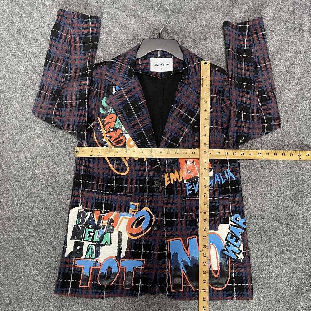 Coat Art Ma Cherie Denim Graffiti Boho Gypsie Plaid Coat Sz Small - Picture 6 of 7